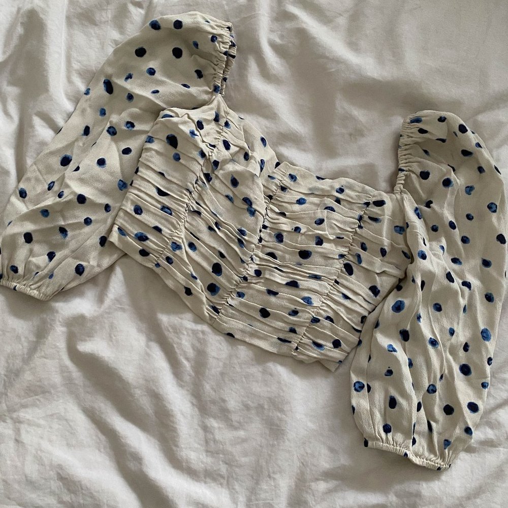 Wilfred Cream Puff Sleeve Polka Dot Blouse with Blue Dots